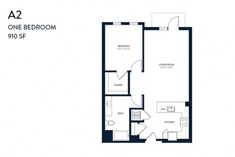 Floor plan for 1 bed, 1 bath, 910 sqft